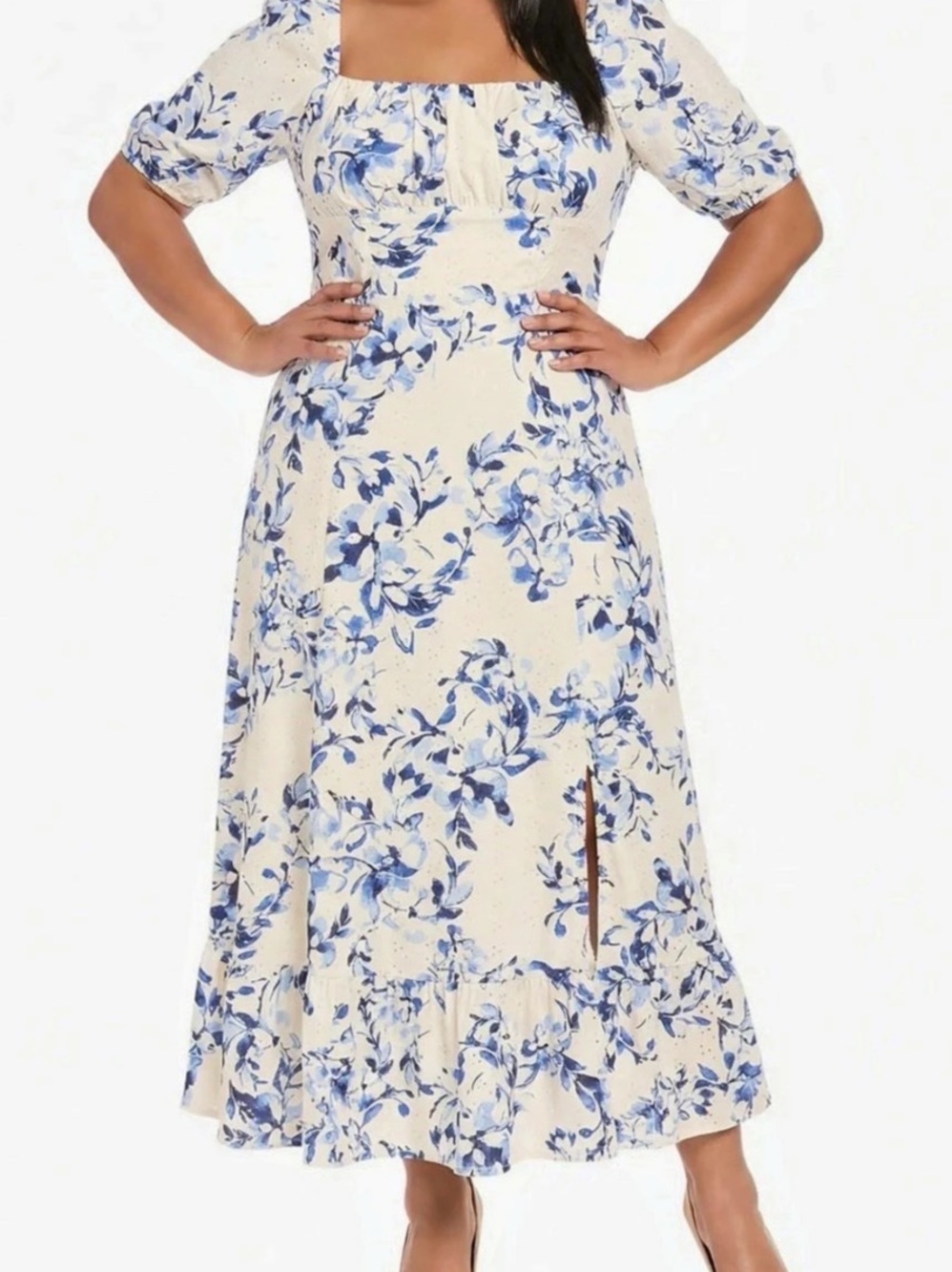 London Times Woman 18W Blue Floral Eyelet Puff Sleeve Midi Dress NWT